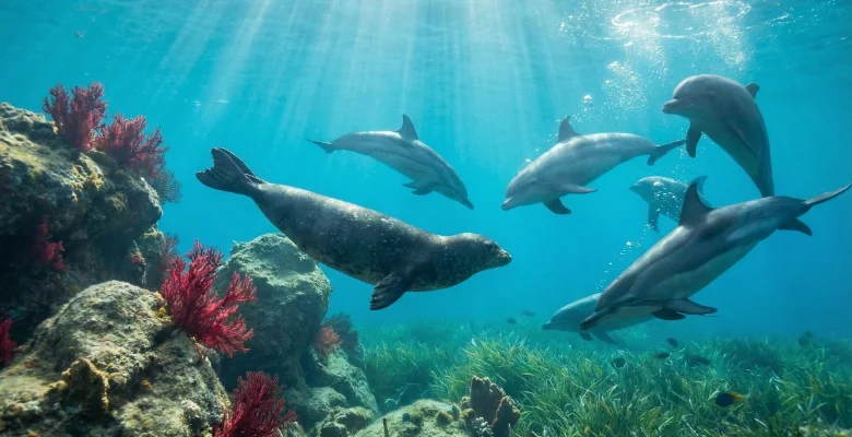 Harmony Beneath the Surface: Mediterranean Marine Life Mediterranean monk seal and dolphins swimming in a vibrant underwater scene with Posidonia meadows and red coral